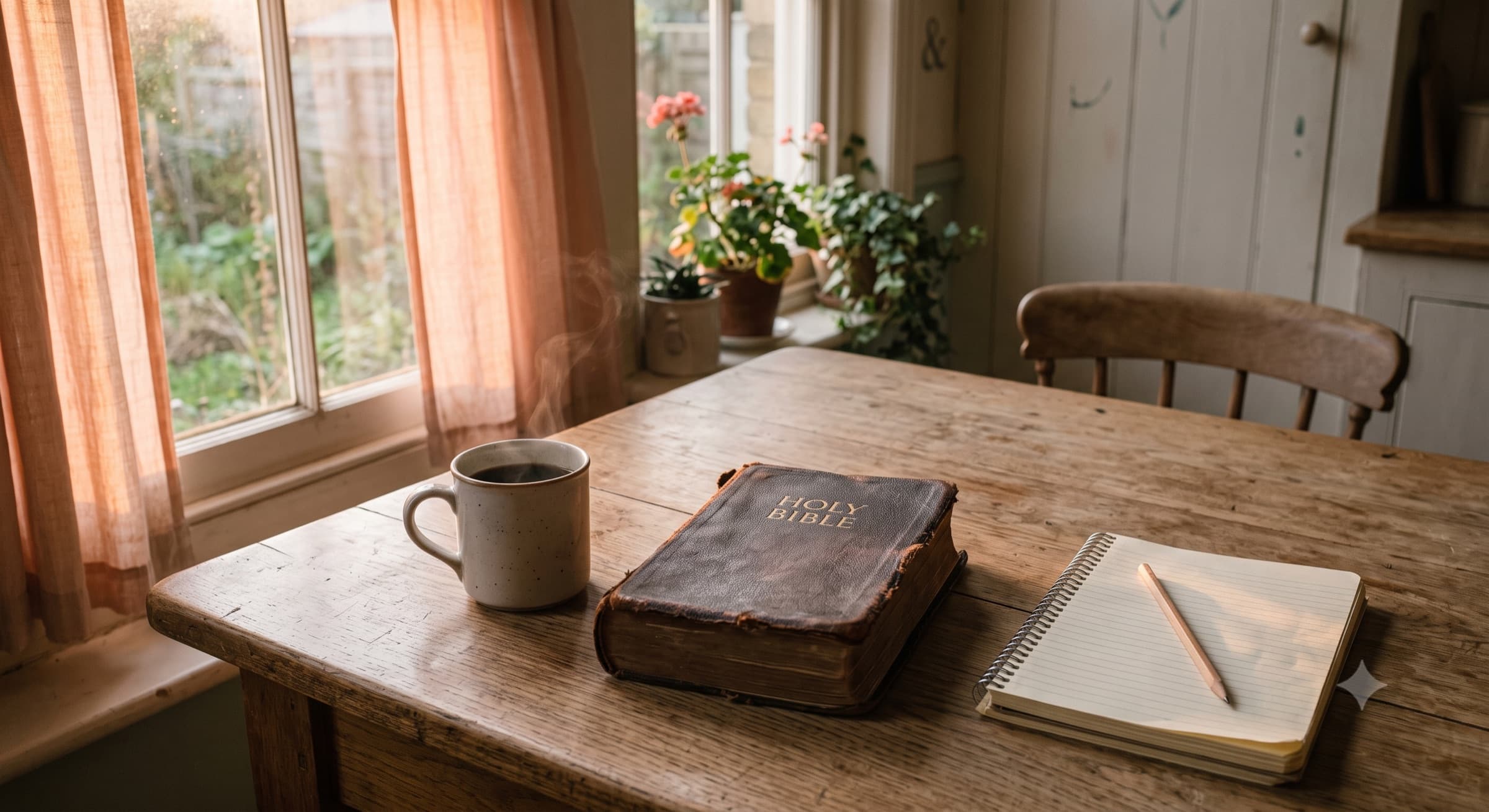 A kitchen table in early-morning light, with a closed Bible, a mug of coffee, and sunrise glowing through thin curtains.