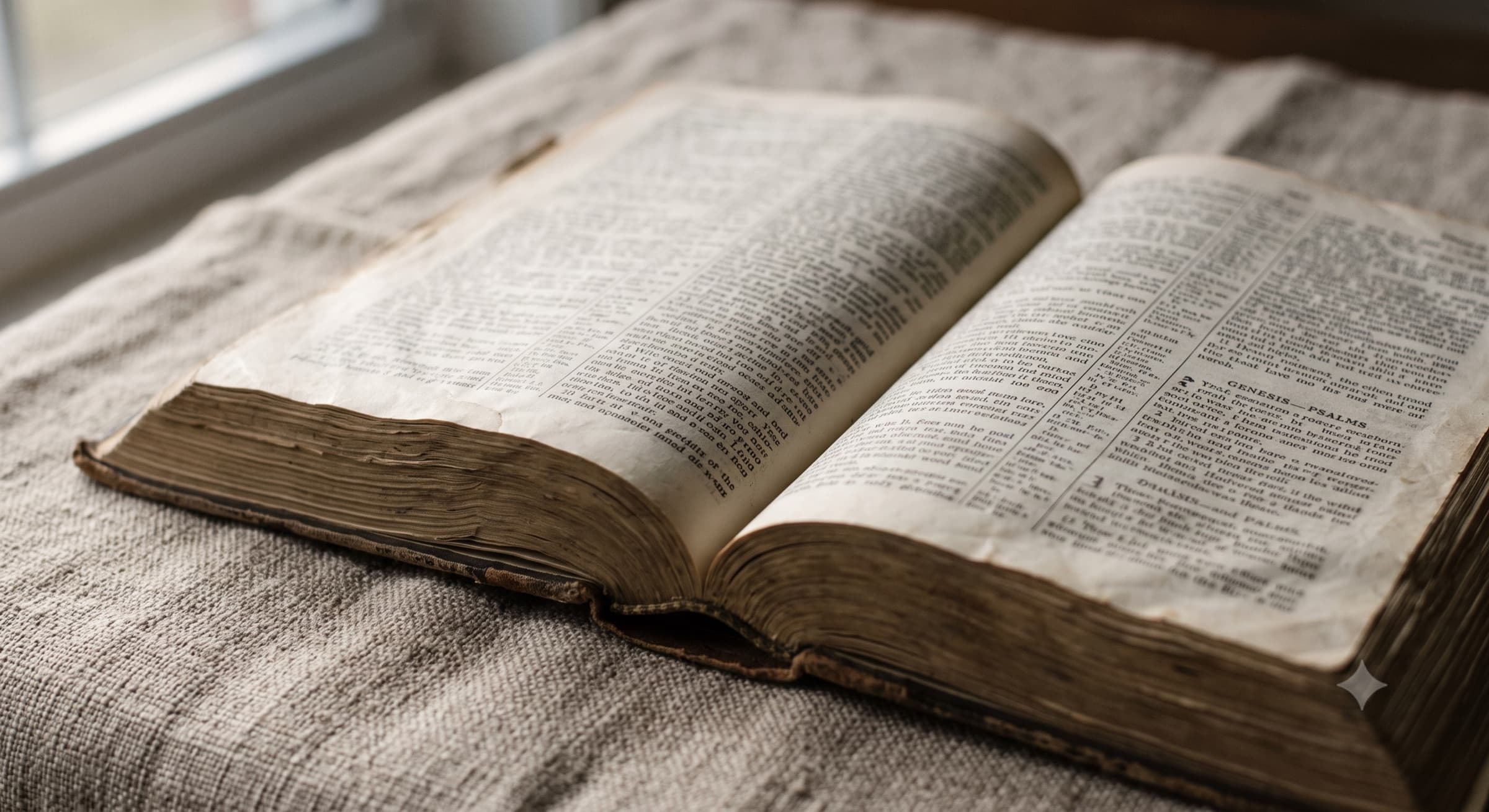 An open Bible resting on linen cloth, soft window light falling across its pages.