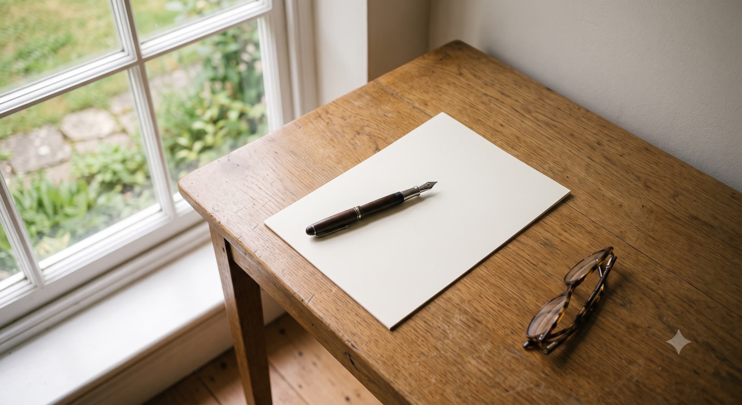A wooden writing desk in window light, with an uncapped fountain pen resting across a blank sheet of paper.